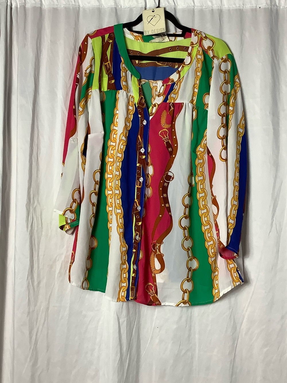 By Design Multicolor Chain-Print Button Front Shirt - Green/White/Pink/Blue